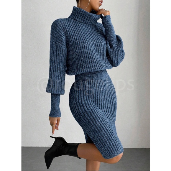 Blue Cable Knit Long Sleeve DressTurtleneck Drop Shoulder, Long Sleeve